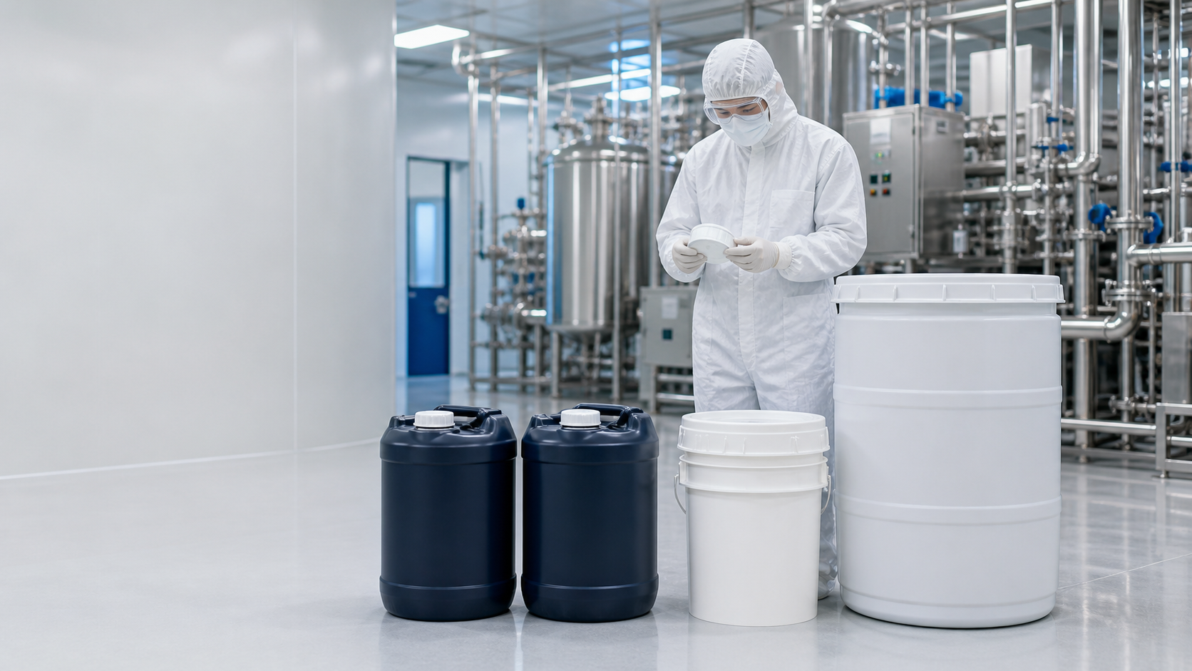 半導体・電子材料向けの遮光容器と高純度薬液用クリーン容器を確認するクリーンルーム技術者